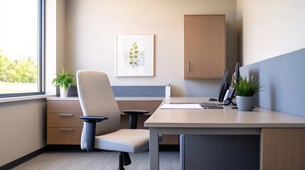 Sleek Corporate Office Setting with Motivational Poster and Organized Workspace