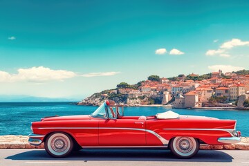 A classic red convertible parked by the sea, overlooking a charming coastal town under a bright summer sky.