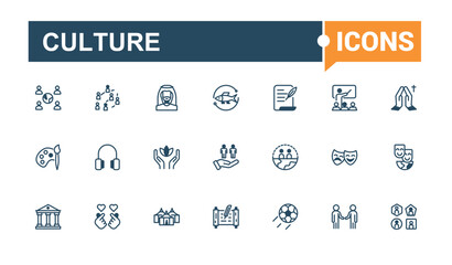 Culture icon. Contains such icons as ticket, culture, sculpture, column, painting, camera, music, movie. Icons for UI. Vector illustration in modern line style.