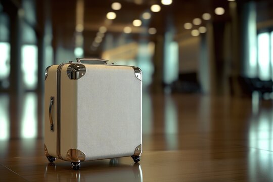 A stylish off-white suitcase stands on a polished wooden floor in a blurred airport setting, ready for travel.