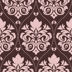 A sophisticated vintage damask pattern in pink and brown, featuring ornate floral motifs and a classic design, ideal for wallpapers, upholstery, and elegant stationary.