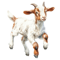 Fototapeta premium A playful goat frolicking in a joyful manner against a white isolated background, showcasing its charming personality and energetic spirit.