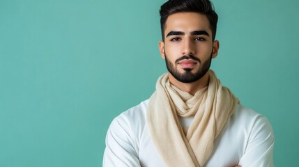 Fototapeta premium Portrait of handsome modern muslim man with natural make-up posing on soft color background in studio. Facial skin care