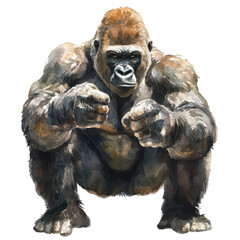 A powerful and majestic gorilla squatting with a strong stance, showcasing its impressive build against a white isolated background.