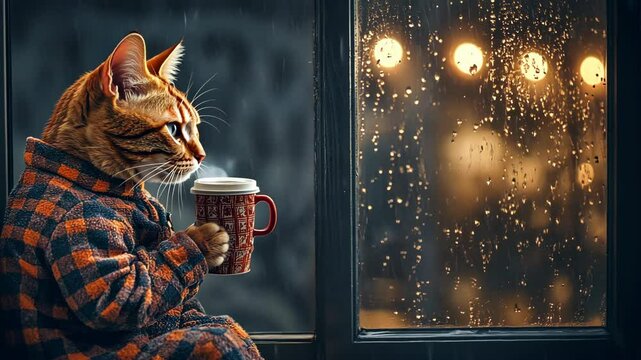 Ginger pajamas cat holding a cup of coffee in a plaid hoodie savors a warm drink while gazing out a rainy window at night