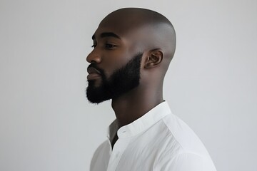 Obraz premium bald man, side profile, confident man, black man portrait, close-up face, bearded man, professional headshot, modern look, stylish appearance with minimal background