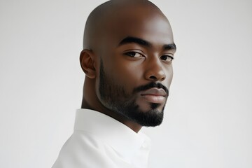 Obraz premium bald man, side profile, confident man, black man portrait, close-up face, bearded man, professional headshot, modern look, stylish appearance with minimal background