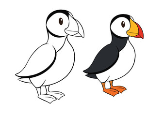 A coloring page featuring an Atlantic puffin, with its colorful beak, black and white feathers, and distinctive orange legs, perched on rocky coastal cliffs by the sea.
