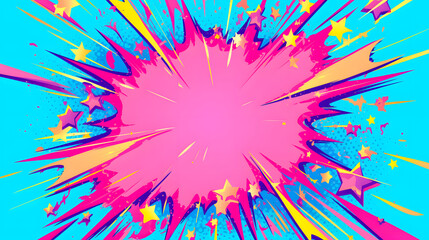 Vibrant pink and blue explosion graphic with scattered stars. A dynamic, energetic design perfect for backgrounds or illustrations.