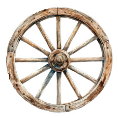 A rustic wooden wagon wheel showcasing intricate craftsmanship, isolated on a white background for clarity and emphasis.