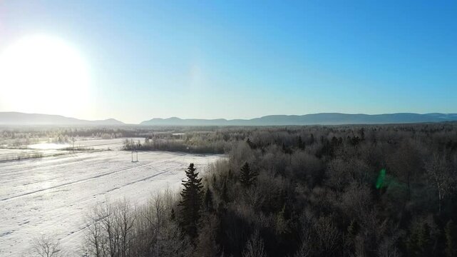 A winter scene featuring a snow-covered forest and agricultural fields bordered by a distant mountain range under a bright blue sky.  Matapedia Valley, Sayabec, Quebec, Canada