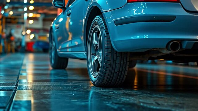 Car at garage workshop for car camber toe inspection and repair