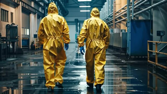Industrial Hazmat Team: Two figures in bright yellow hazmat suits walk through a large industrial facility. The reflective floor and dimly lit environment creates a sense of mystery and urgency.