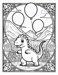 coloring book - a coloring page featuring a cute cartoon dinosaur standing in a scenic landscape. The dinosaur has a friendly expression, with a big smile and small spikes running down its back