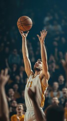 A basketball player shoots during a game, surrounded by an enthusiastic crowd.