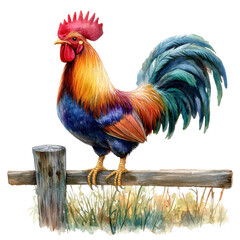 A vibrant watercolor illustration of a rooster perched on a wooden fence, showcasing its colorful feathers and proud stance against a white background.