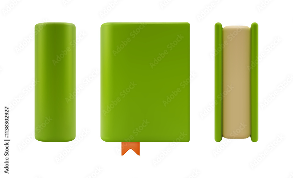 Poster green 3d books in realistic design in front and side view, vector illustration isolated on white. ca