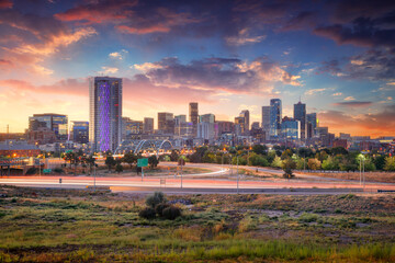 Denver, Colorado, USA. Cityscape image of Denver skyline, Colorado, USA at dramatic summer sunrise.