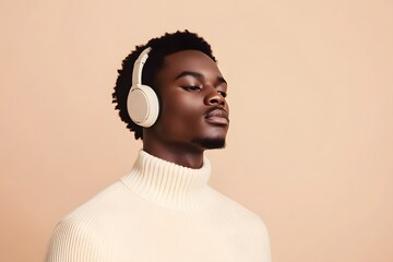 Obraz premium young man, stylish portrait, black man, confident look, side profile, wearing headphones, modern headphones, beige background, calm expression, audio listening in a cozy sweater