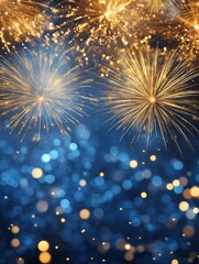 Bright gold and blue abstract background featuring festive fireworks and bokeh spheres creating a celebratory atmosphere for special occasions