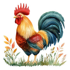 Colorful rooster standing amidst green grass and colorful leaves, vibrant feathers, showcasing nature's beauty and farm life.