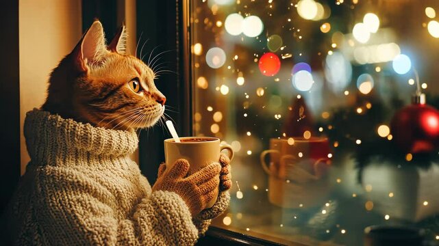 Ginger pajamas cat holding a cup of coffee in a plaid hoodie savors a warm drink while gazing out a rainy window at night