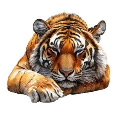 Fototapeta premium Realistic depiction of a resting tiger with distinctive stripes and expressive features, showcasing its majestic and powerful nature.