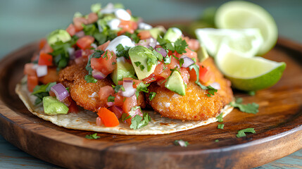 Crispy Fish Tacos with Fresh Salsa, Avocado, and Lime Crema  

