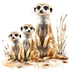 Fototapeta premium Three adorable meerkats standing together in a natural setting, showcasing their curious and playful nature, perfect for wildlife enthusiasts.