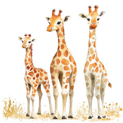 Obraz premium Three adorable giraffes, two adults and one calf, standing together in a playful pose against a white isolated background.