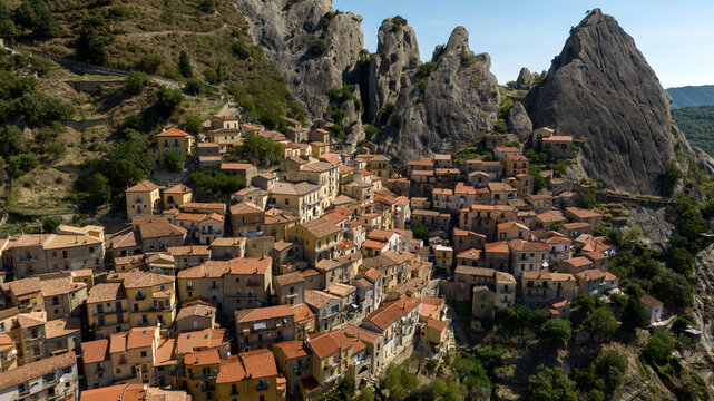 Aerial view of Castelmezzano, in the province of Potenza, Basilicata, Italy. It is a small town built on a mountain in the Dolomiti Lucane park.