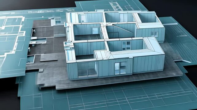 Architectural 3D Building Model Placed on Detailed Blueprints for Modern Construction Planning

