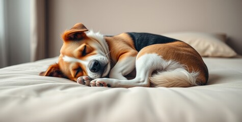 Obraz premium A content dog curls up on a plush bed, loosening up as it drifts into a deep sleep, basking in the gentle warmth of the sunlight streaming through the window