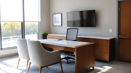 Sleek and Sophisticated Corporate Office Workspace with Ergonomic Furniture and Digital Tools