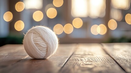 Cozy White Yarn Ball on Wooden Surface with Soft Bokeh Lights