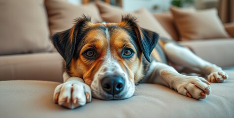 Obraz premium A cheerful dog is stretching out and relaxing on a plush sofa, enjoying a tranquil afternoon in a sunlit living room filled with warmth and comfort