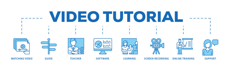 Video tutorial infographic icon flow process which consists of watching video, guide, teacher, software, learning, screen  recording, online training, support icon live stroke and easy to edit .