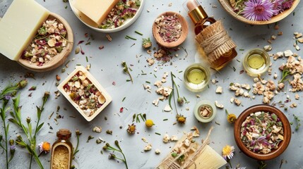 Assortment of natural herbs, spices, and oils on a wooden table