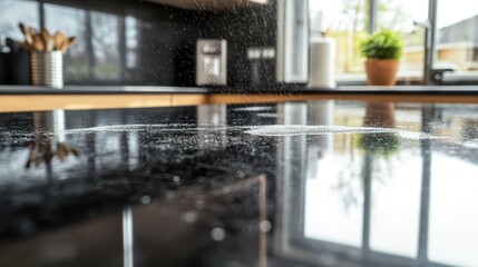 A polished granite countertop being cleaned by a homeowner in a modern, sleek kitchen