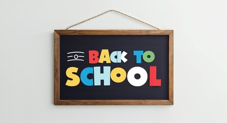 back to school lettering on hanging sign board on plain white background