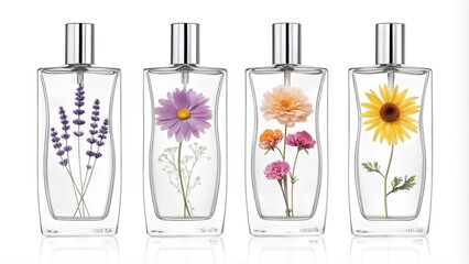 Stylish perfume bottles with floral designs inside on a white background