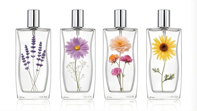Stylish perfume bottles with floral designs inside on a white background