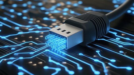 A close-up of a glowing USB cable connected to a circuit board. The cable illuminates blue light, showcasing the connection between technology and modern devices.