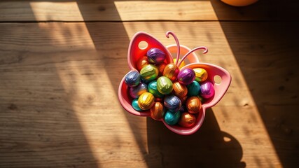 A colorful array of foil-wrapped chocolate eggs fills a whimsical pink butterfly-shaped basket, resting on a sun-drenched wooden surface.