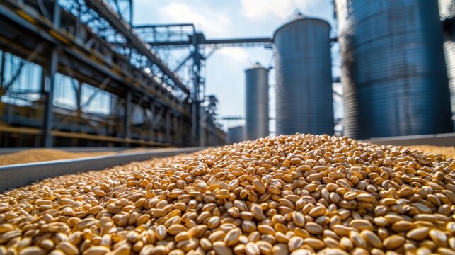 A close-up of golden grains being stored in a modern steel granary with silos in the background