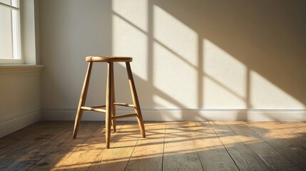 Sunlit Wooden Stool Casting Shadows on Wooden Floor in Room