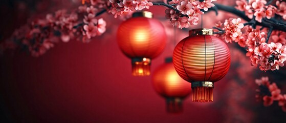 Vibrant red paper lanterns hang among pink cherry blossoms, perfect for Lunar New Year celebrations, spring festivals, or cultural events emphasizing joy and tranquility.