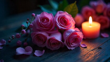 Pink roses and purple flowers on a wooden surface.