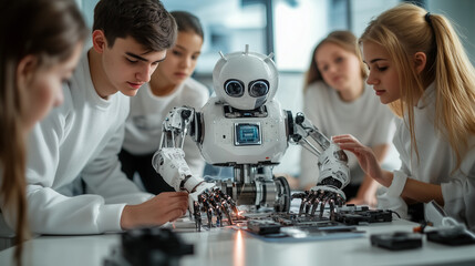 Teenagers build a robot in a modern robotics classroom