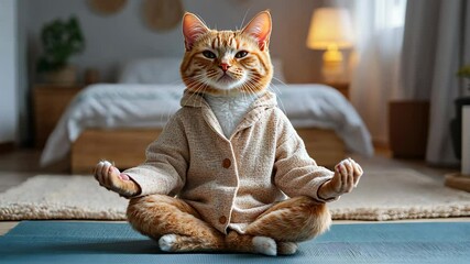 Ginger cat in bathrobe meditating in lotus position on yoga mat in cozy bedroom a housecoat is meditating with a well-lit bedroom in the background,